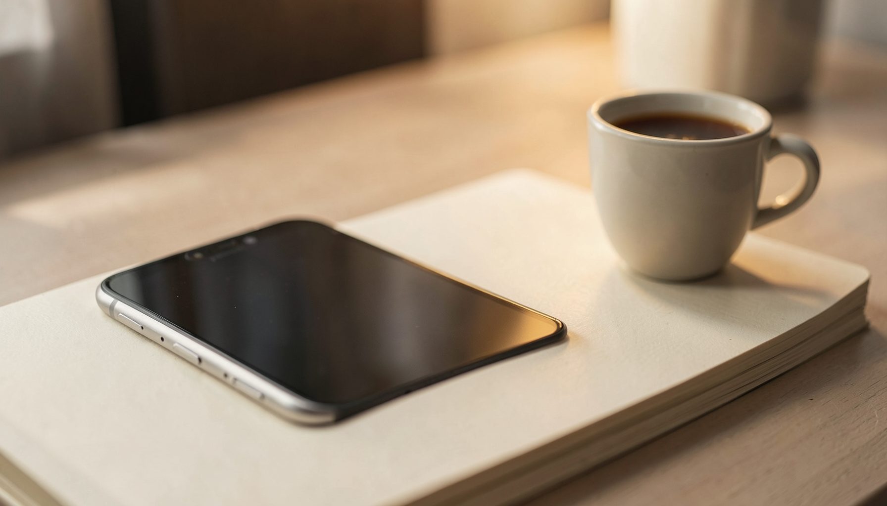 Smartphone resting on a notebook beside a coffee cup on a light wooden table, warm sunlit mood.
