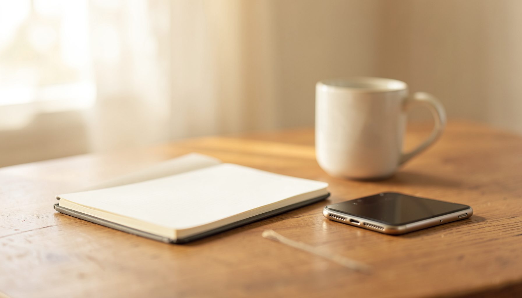 Open notebook, coffee mug, and smartphone arranged on a wooden table with soft window light, cozy warm mood
